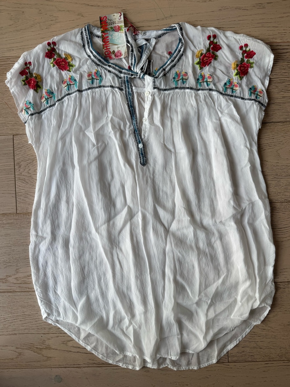 JOHNNY WAS Embroidered Top Cover Up Birds & Red Floral Detail Cupro Rayon Sz: M